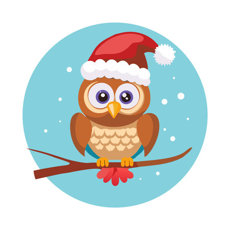 Owl with Santa hat on a tree branch. Vector illustration.のイラスト素材