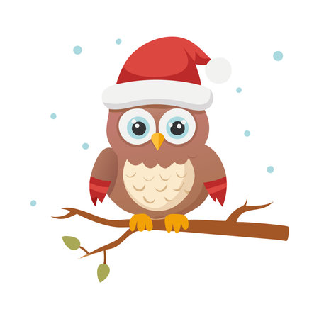 Cute owl in Santa Claus hat on a branch. Vector illustrationのイラスト素材