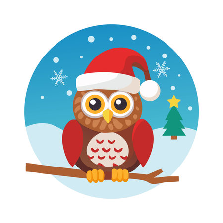 christmas owl with santa hat and tree vector illustration graphic designのイラスト素材