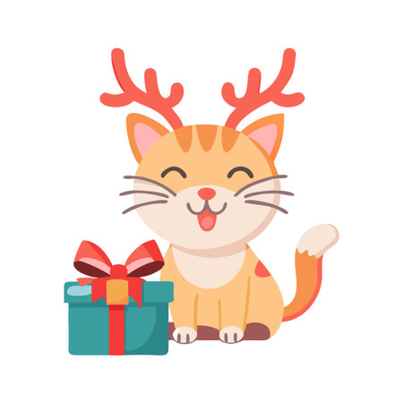 Cute cat with reindeer antlers and gift box vector Illustrationのイラスト素材