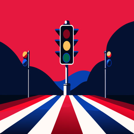 Traffic light on the road at night. Vector illustration in flat styleのイラスト素材