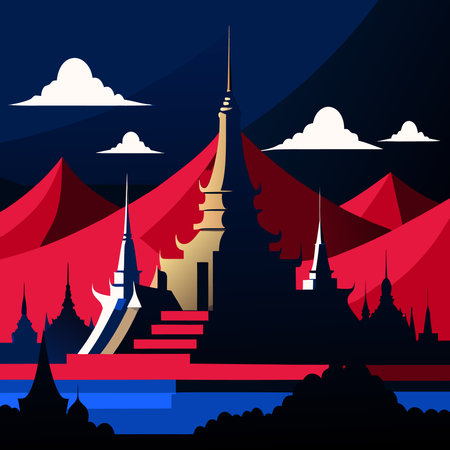 Thai temple with red and blue sky background. Vector illustration.のイラスト素材