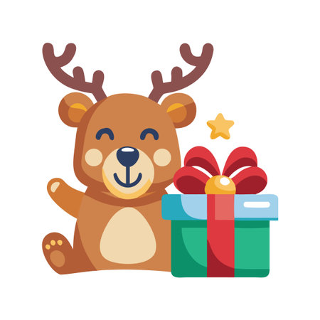 Cute cartoon reindeer with gift box. Vector illustration.のイラスト素材