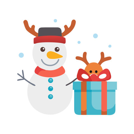 Snowman and gift vector illustration. Christmas and New Year flat design.のイラスト素材