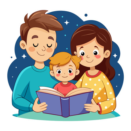 Happy family reading a book together. Vector illustration in cartoon style.のイラスト素材