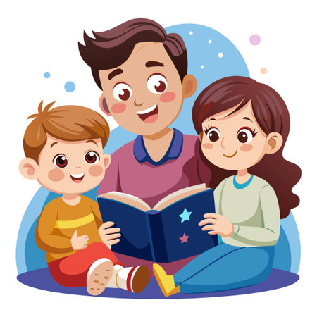 Happy family reading a book together. Vector illustration in cartoon style.のイラスト素材