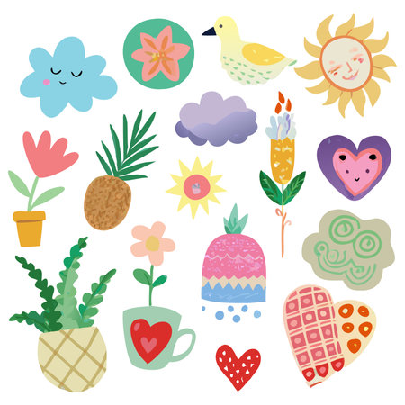 Cute hand drawn vector illustration set with flowers, birds, hearts and other elements.のイラスト素材