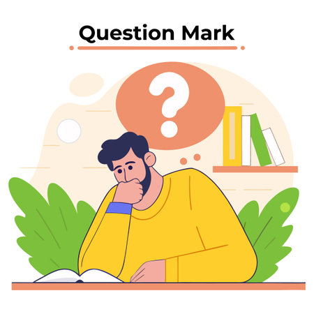 Question mark and man sitting at the table. Vector illustration in flat styleのイラスト素材