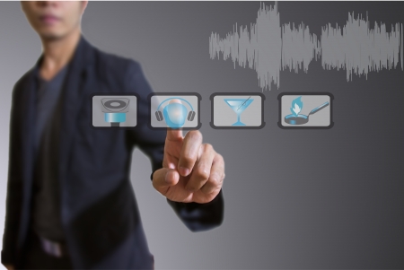 Man hand touch on technology virtual touch screen interfaceの写真素材