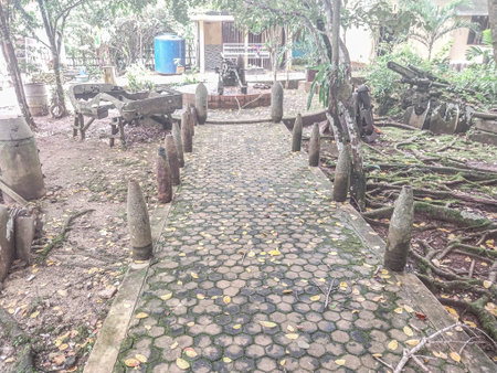 Stone walkway in the park with tree and leaf, Biak Papua.のeditorial素材