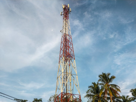 Telecommunication tower with blue sky and cloud background, Telecommunication towerのeditorial素材