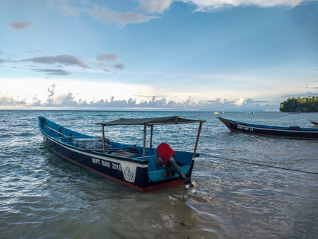 Fisherman boat on the sea in Biak, Papua, Indonesia.のeditorial素材