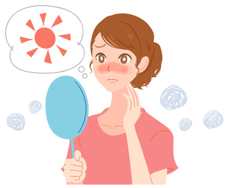 A young woman is suffering about facial sunburnのイラスト素材