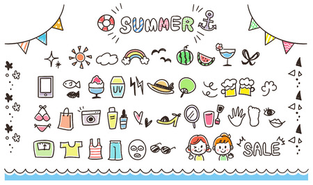 A collection of icons related to summer. Cute handwriting styleのイラスト素材