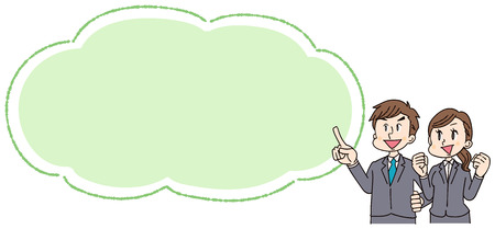 A businessman and a business woman are watching the speech balloon.のイラスト素材
