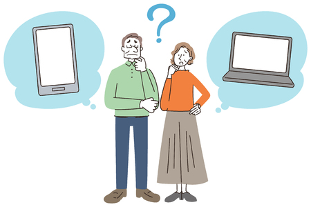 Senior man and woman are thinking about personal computers and smartphones.のイラスト素材