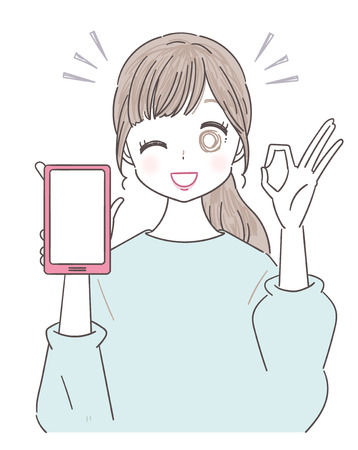 A young woman shows a screen of a smartphone. She represents an OK sign.のイラスト素材