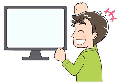 A young man looks at the display. He is cheeringのイラスト素材