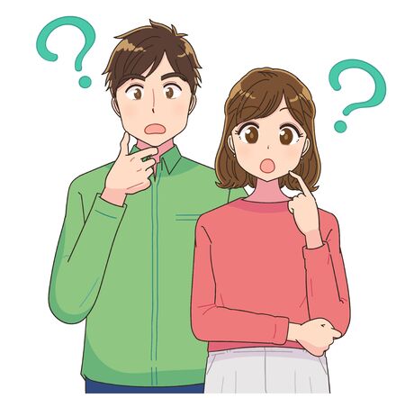 Portrait of young man and woman upper body. They have doubts. With a question mark.のイラスト素材