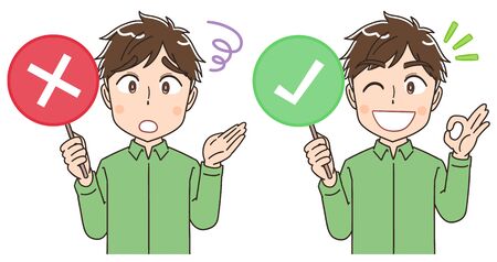 Portrait of a young man wearing a green shirt.He has a tag for rating.のイラスト素材