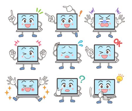 A cute and comical laptop computer character.He has various expressions.のイラスト素材