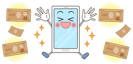 Cute and comical character of smartphone.Image about him and money.のイラスト素材