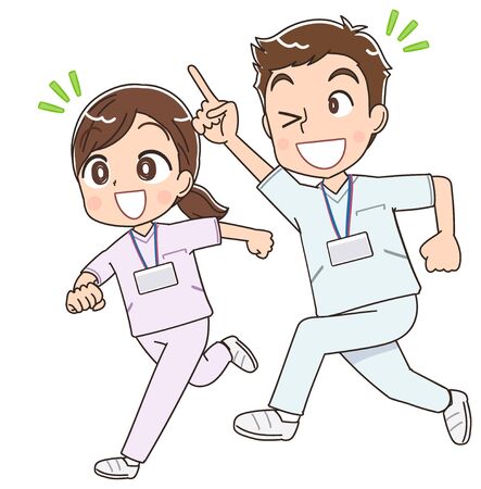 Two young male and female nurses wearing whitish uniforms.They have positive emotions.のイラスト素材