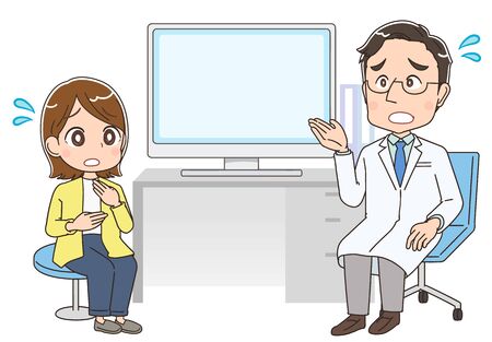 A doctor in a white coat examines a woman.There is a desk and a computer between them.のイラスト素材