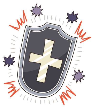 A woman holds a shield to protect her from the virus.のイラスト素材