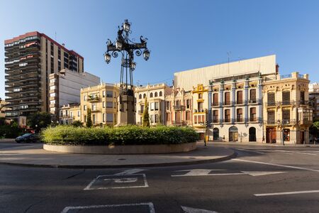 Iconic metal lantern at Piaca de la Independencia, Castellon de la Plana, Spain - 2019.08.10. Sunset over famous landmark - old, metal lantern at central square of historical center of Castellon de la Planaのeditorial素材