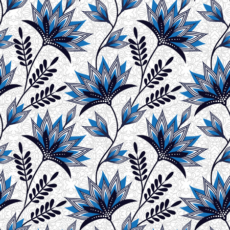 Seamless floral vector pattern in cerulean and navy. Bright rhythmic texture on slightly tangled grey background. Easy-to-edit, without gradient.のイラスト素材