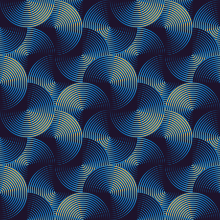 Optical illusion, seamless pattern of metallic linear circles. Vector geometric background design. Simple to edit, without gradient.のイラスト素材
