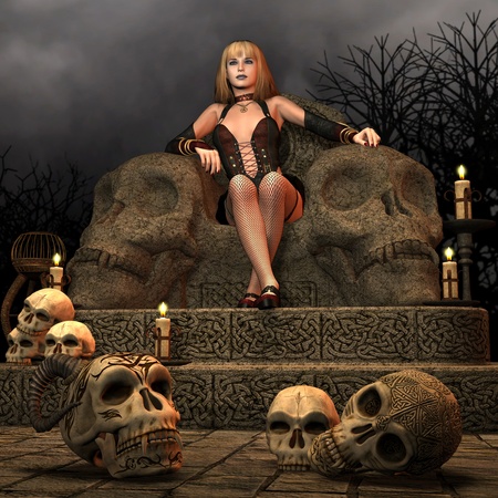 3D Rendering woman sitting on the throne of deathの写真素材