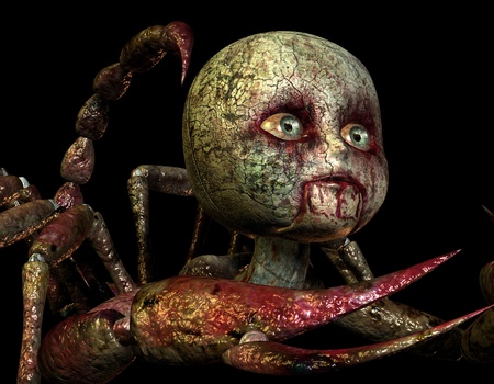 3D rendering of a toy doll's head in horror styleの写真素材