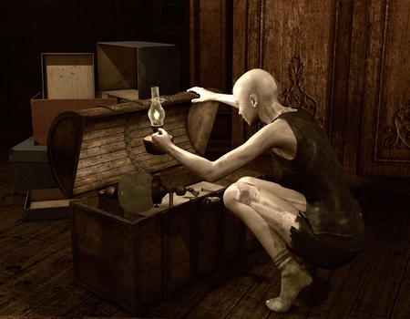 3D Rendering Zombie woman opens an old chestの写真素材