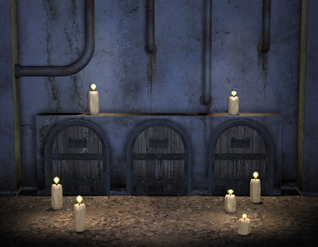 3D Rendering burning candles in front of an old wall