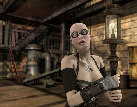 3D rendering of a woman with a lantern in Steampunk styleの写真素材