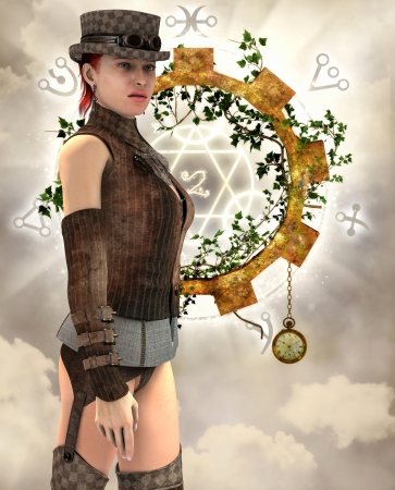 3D rendering of a Steampunk woman with suspendersの写真素材