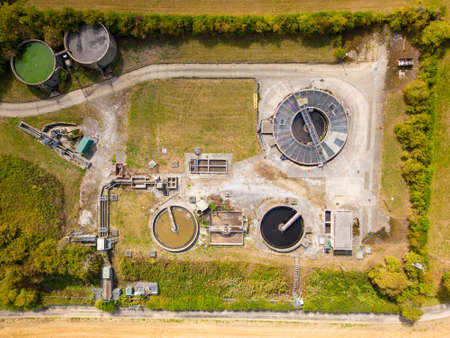 Aerial view of Sewage Water Treatment Facility in Arthington. Water treatment centre run by Yorkshire Water.の写真素材
