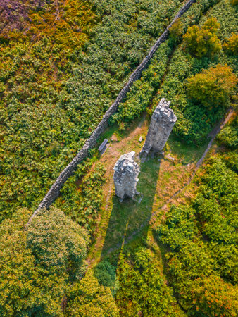 Aerial view of two stone pillars or columns called Yorkes Folly in North Yorkshire. Three Stoops or columns in Nidderdale surrounded by heather and other vegetation.の写真素材