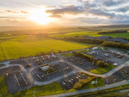 Aerial view of National Grid energy pipes in Pannal, North Yorkshire, UK. Supply of energy gas and electricity crisis ongoing during winter 2022の写真素材
