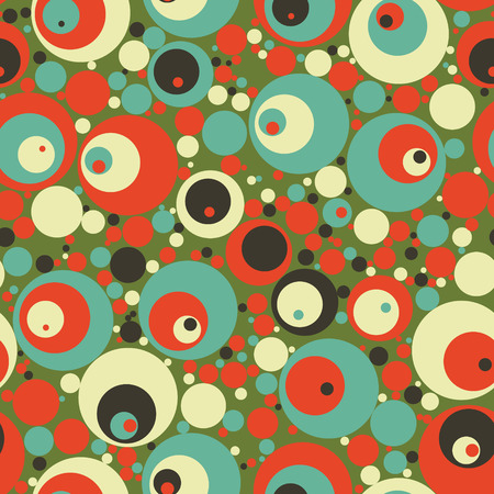 Retro circles seamless pattern. Red, blue, white and dark grey on green background.のイラスト素材