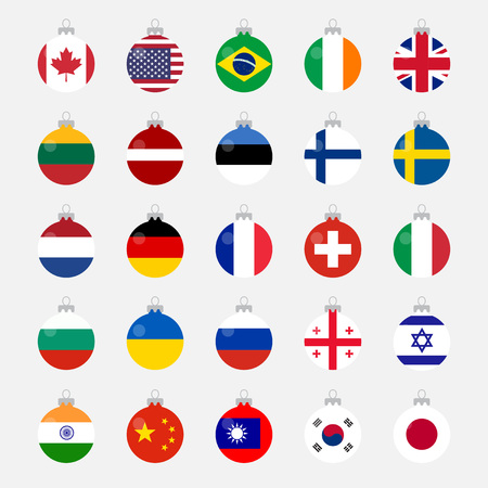 Country flags set: Canada, USA, Brazil, Ireland, UK, Lithuania, Latvia, Estonia, Finland, Sweden, NL, Germany, France, CH, Italy, Bulgaria, UA, Russia, Georgia, Israel, India, China, Taiwan, KR, Japanのイラスト素材