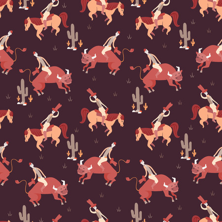 Rodeo seamless pattern with cowboys riding on horse and bullのイラスト素材