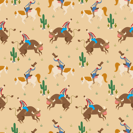 Rodeo seamless pattern with cowboys riding on horse and bullのイラスト素材