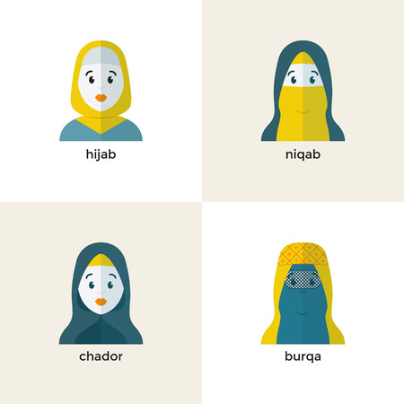 Stylish muslim headwear icon: hijab, niquab, chador, burqa. Muslim woman vector avatarのイラスト素材