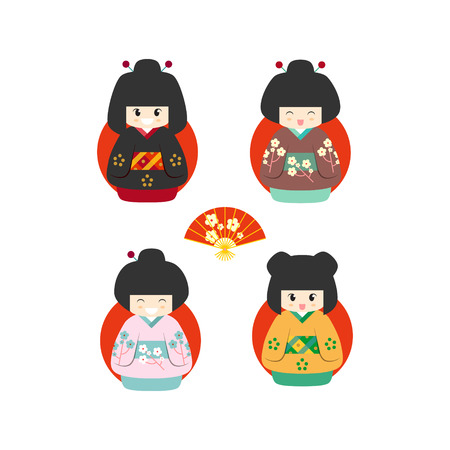 Set of four cute japanese kokeshi dolls iconのイラスト素材