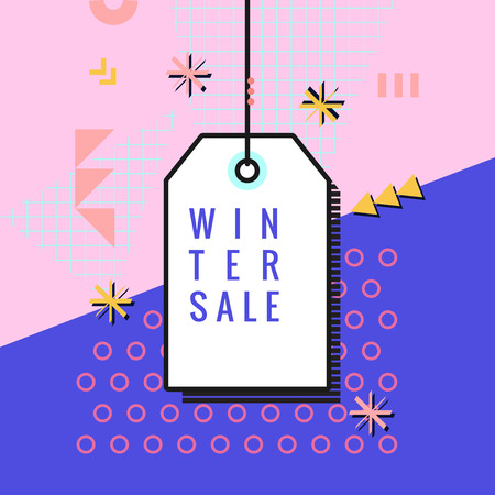 Vector template with shopping tag. Made in 80s memphis style. Can be used as greeting card, print or poster, advertising banner.のイラスト素材