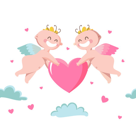 Cute Cupids holding heart in the clouds. Valentine Day greeting card. Vector illustrationのイラスト素材