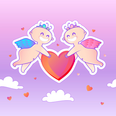 Cute Cupids holding heart in the clouds. Valentine Day greeting card. Vector illustrationのイラスト素材